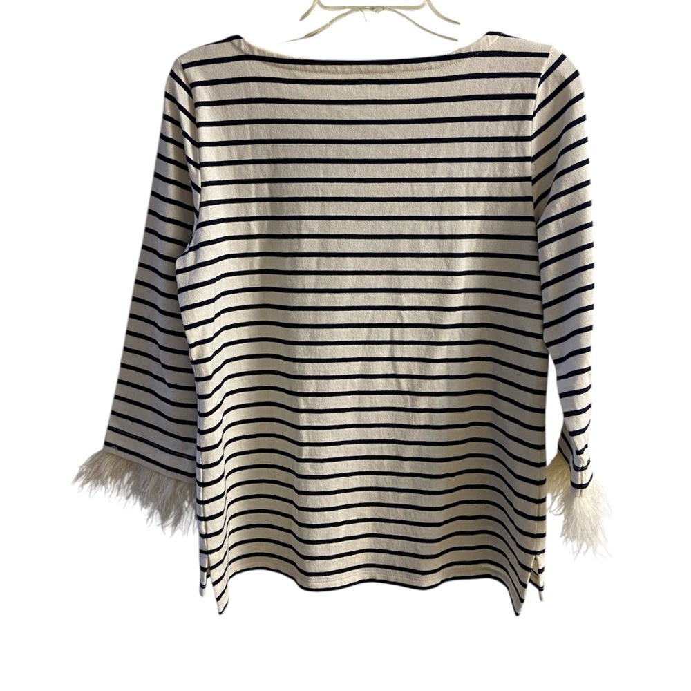 Talbots Cream and Navy Stripe Feather-Cuff Boatneck Top medium petite - Picture 2 of 4